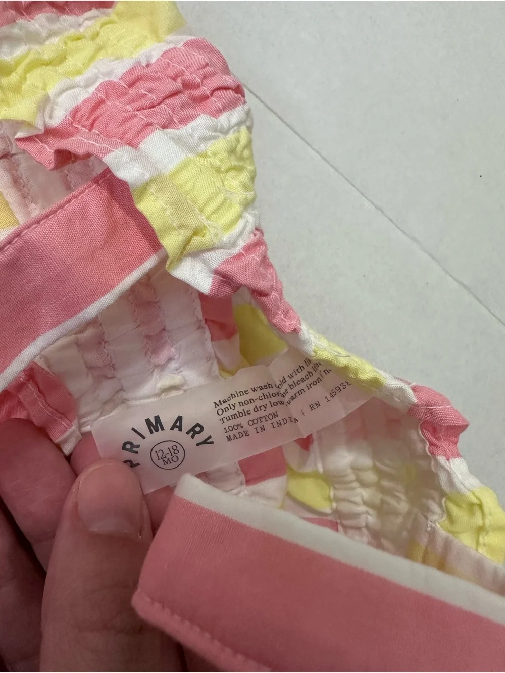 PRIMARY Baby Smocked Bubble Shortie in Awning Stripe 12-18 Months